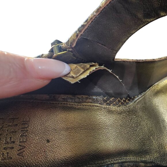 Saks Fifth Avenue Tan Snakeskin Leather Mary Jane shoes Gold Buckle size 9.5 - Picture 11 of 11